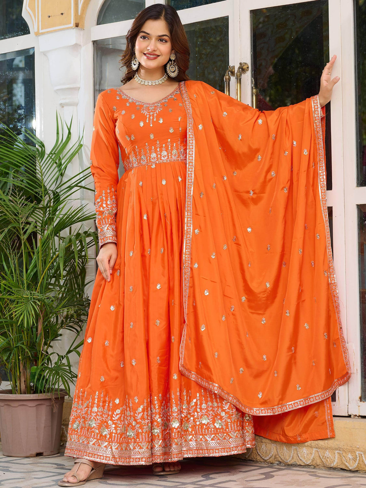 Splendid Orange Thread Embroidered Silk Event Wear Gown With Dupatta