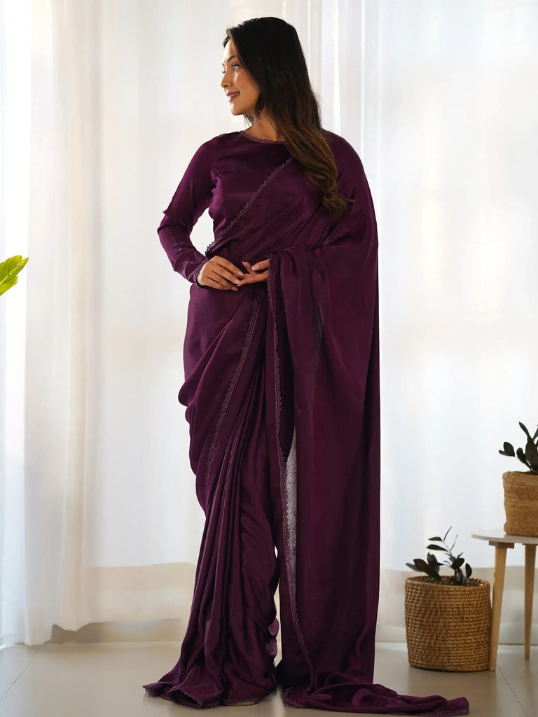 Fascinating Purple Velvet Pre-Stitched Party Wear Saree With Blouse