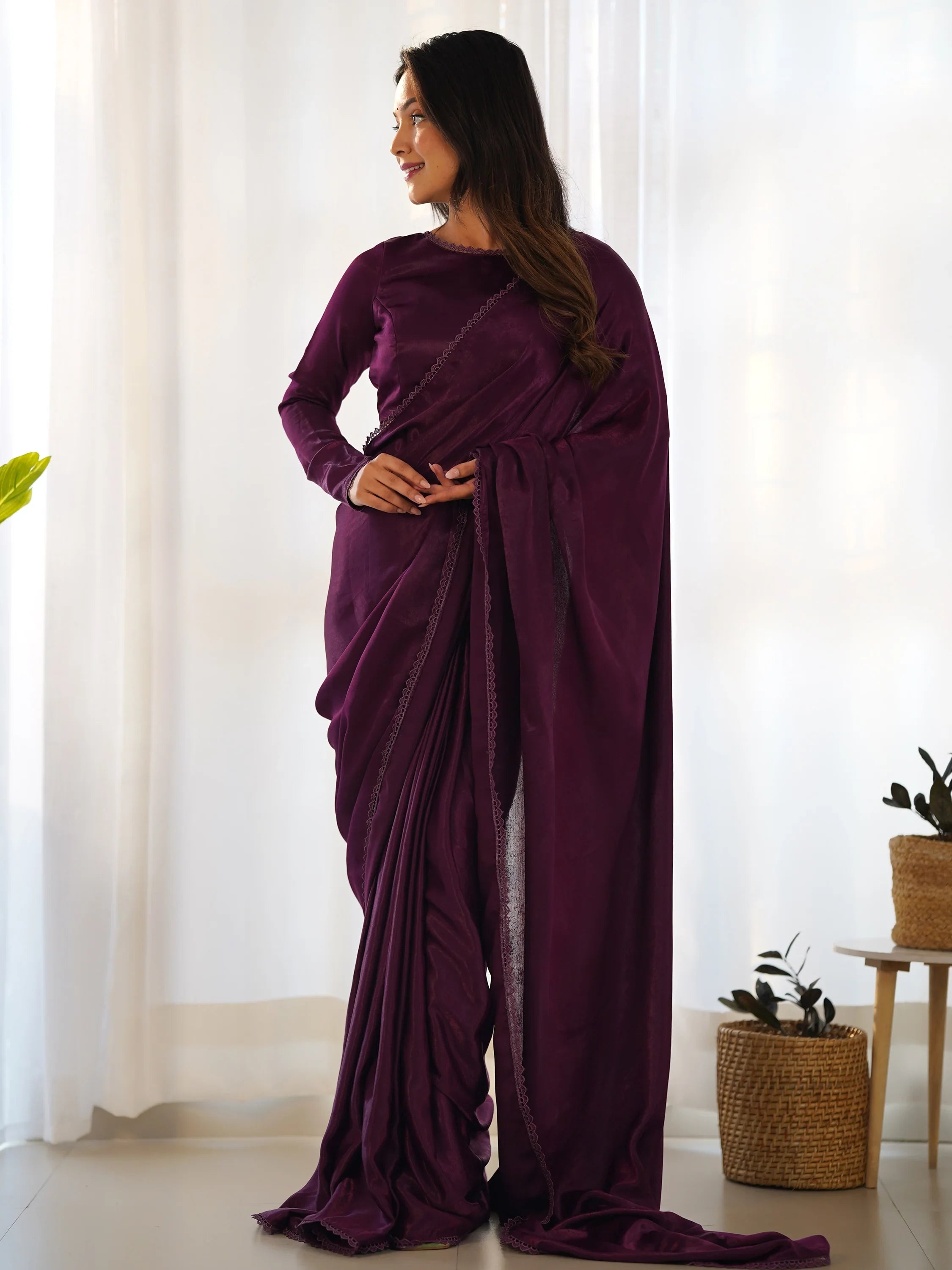 Fascinating Purple Velvet Pre-Stitched Party Wear Saree With Blouse