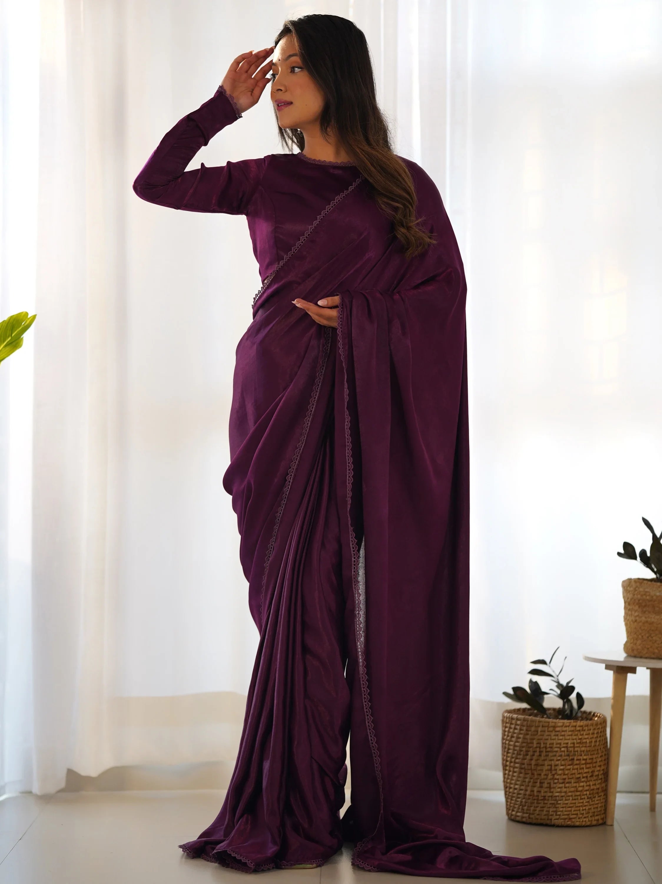 Fascinating Purple Velvet Pre-Stitched Party Wear Saree With Blouse