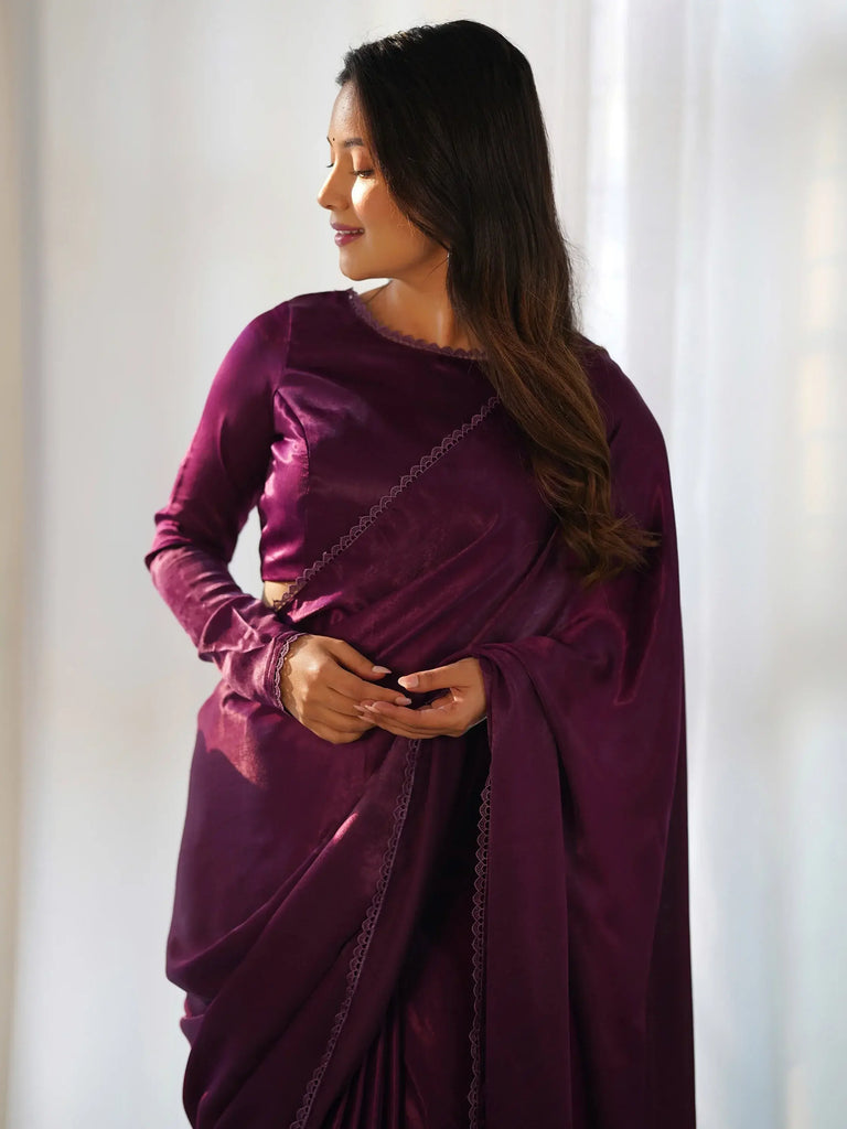 Fascinating Purple Velvet Pre-Stitched Party Wear Saree With Blouse