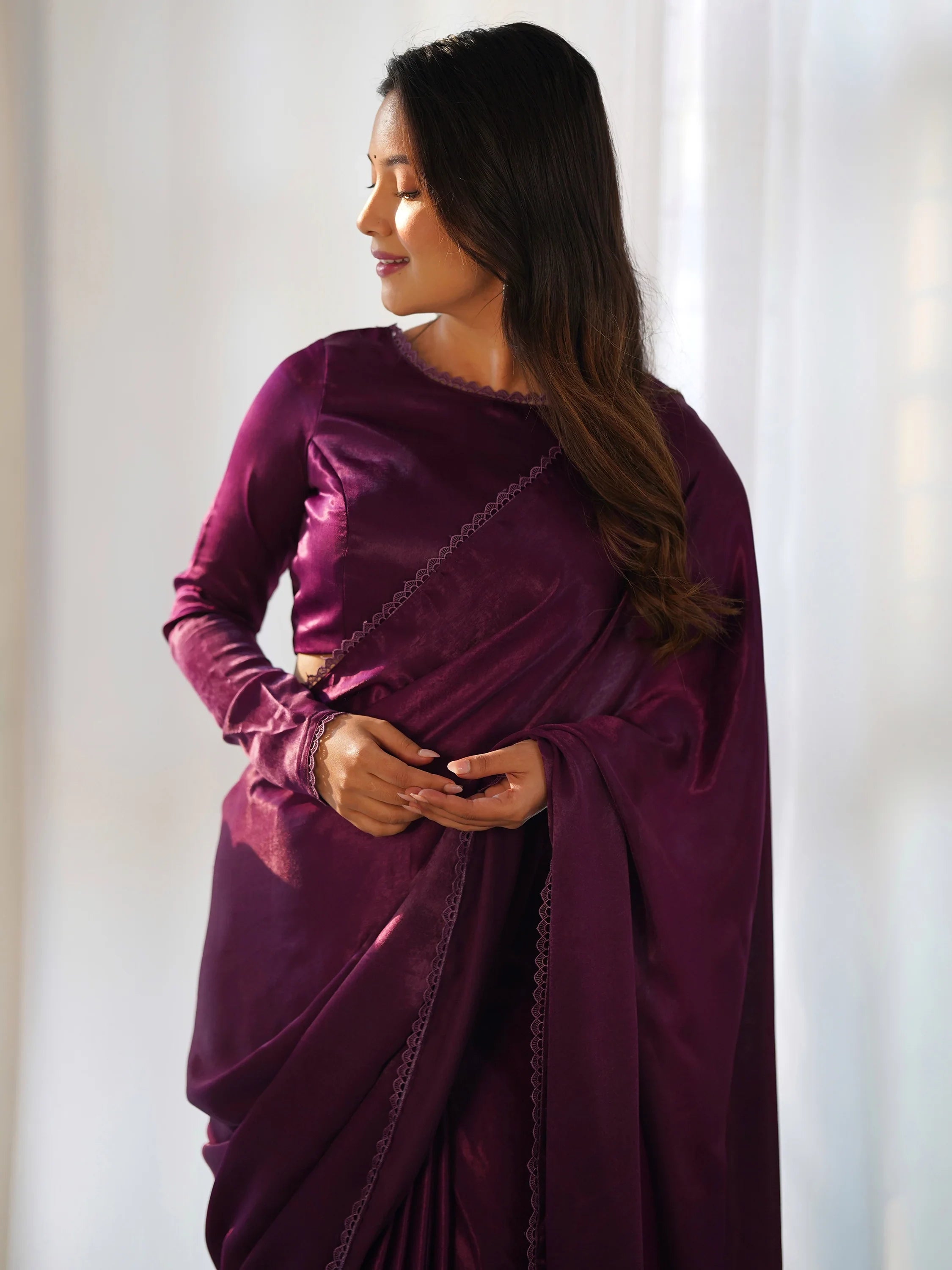 Fascinating Purple Velvet Pre-Stitched Party Wear Saree With Blouse
