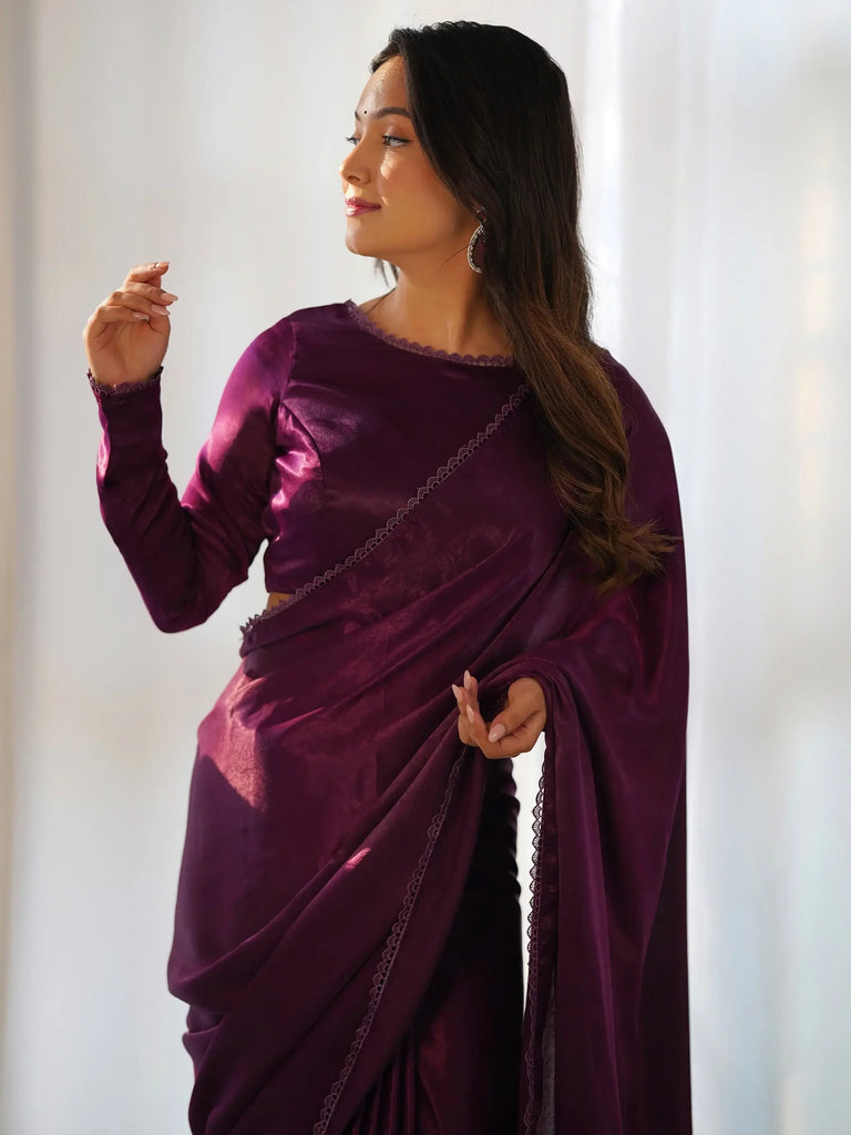 Fascinating Purple Velvet Pre-Stitched Party Wear Saree With Blouse