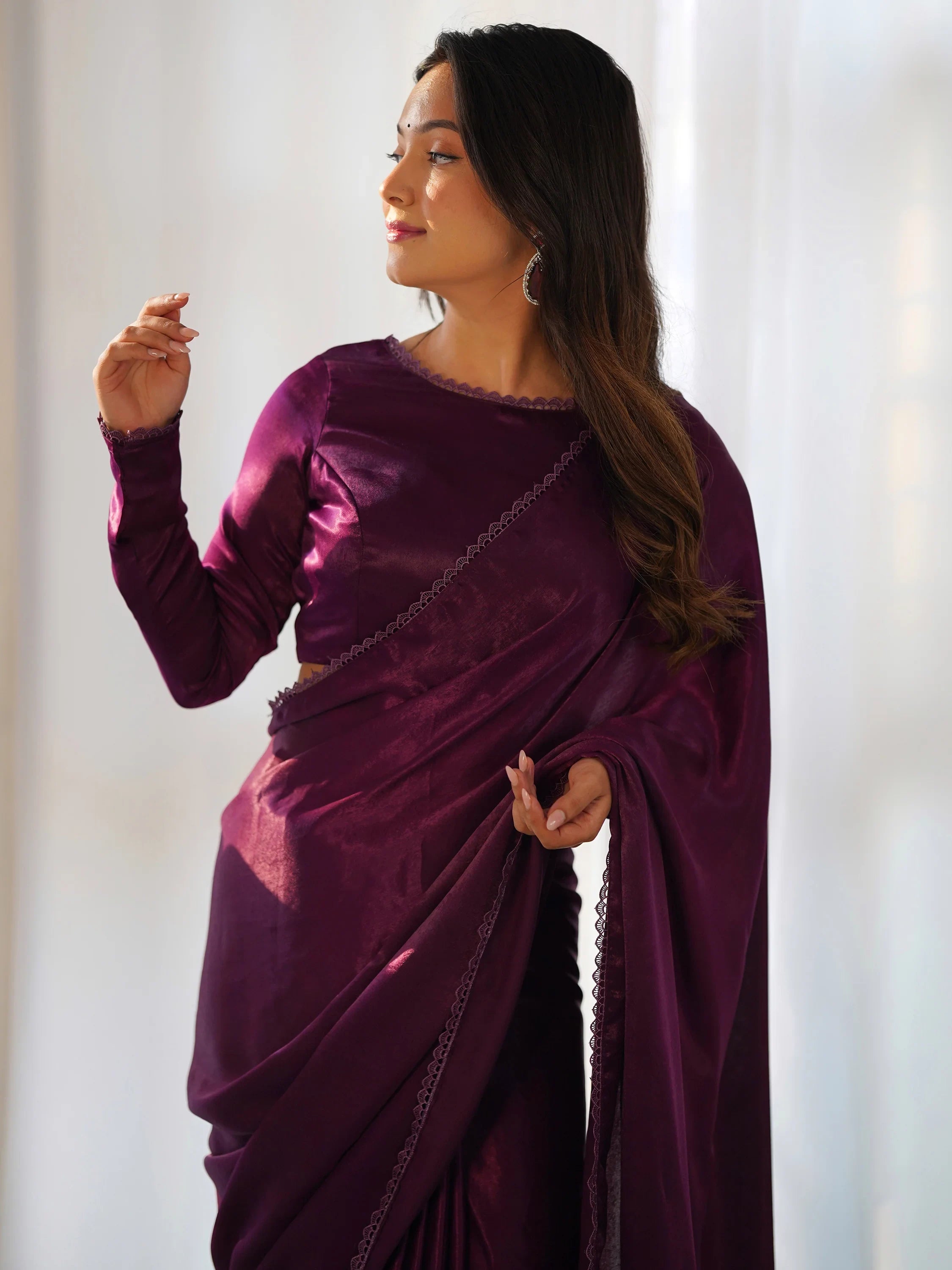 Fascinating Purple Velvet Pre-Stitched Party Wear Saree With Blouse