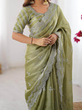 Wonderful Pista Green Thread Work Organza Party Wear Saree With Blouse