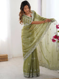 Wonderful Pista Green Thread Work Organza Party Wear Saree With Blouse