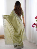 Wonderful Pista Green Thread Work Organza Party Wear Saree With Blouse