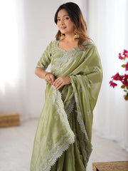 Wonderful Pista Green Thread Work Organza Party Wear Saree With Blouse