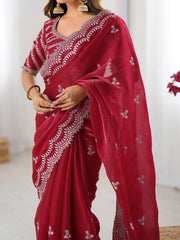 Fabulous Red Sequins Work Organza Wedding Wear Saree With Blouse