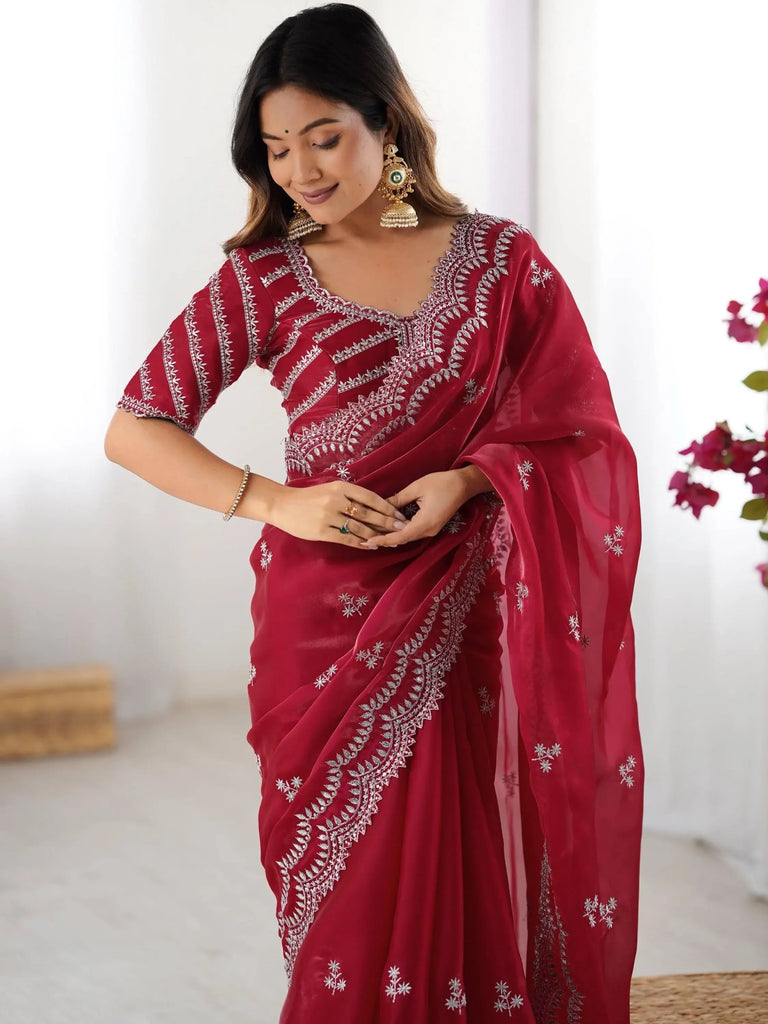 Fabulous Red Sequins Work Organza Wedding Wear Saree With Blouse
