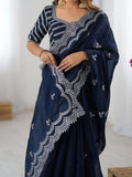Attractive Blue Thread Embroidery Organza Event Wear Saree With Blouse