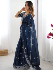 Attractive Blue Thread Embroidery Organza Event Wear Saree With Blouse