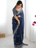 Attractive Blue Thread Embroidery Organza Event Wear Saree With Blouse
