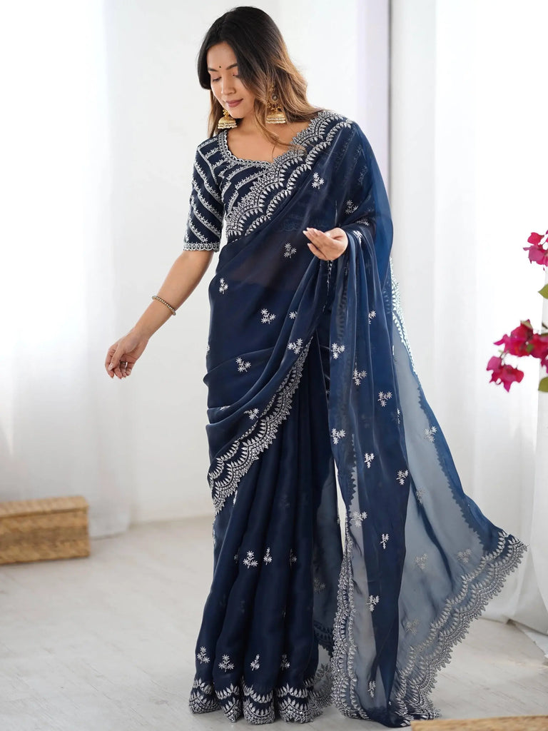 Attractive Blue Thread Embroidery Organza Event Wear Saree With Blouse