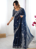 Attractive Blue Thread Embroidery Organza Event Wear Saree With Blouse