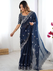 Attractive Blue Thread Embroidery Organza Event Wear Saree With Blouse