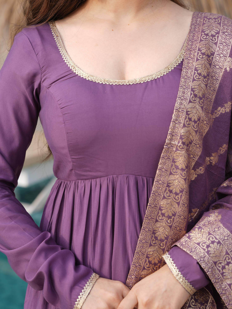 Excellent Purple Chanderi Silk Anarkali Suit With Banarasi Dupatta