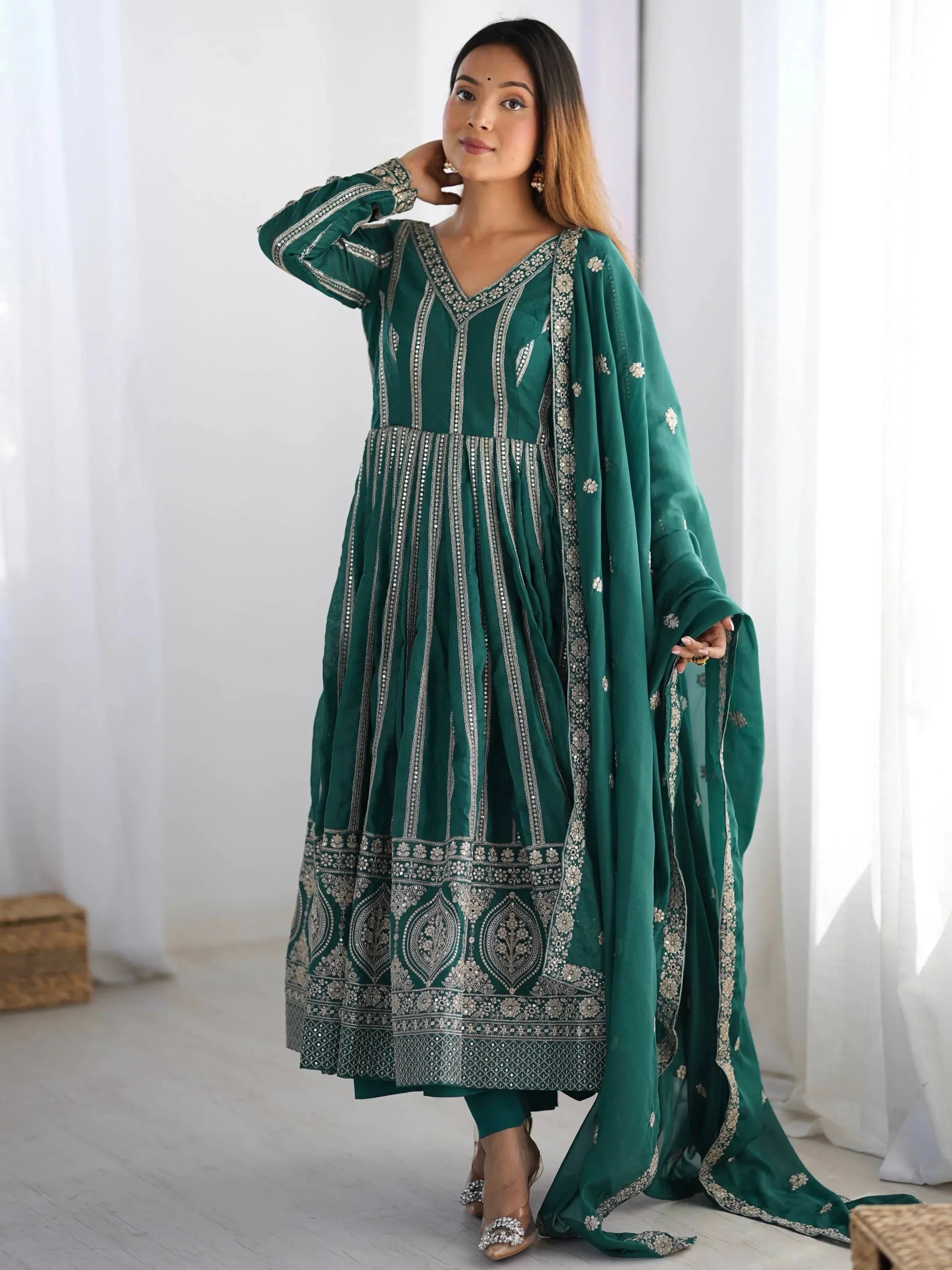 Emerald green embroidered Anarkali suit with dupatta, Indian ethnic wear for women