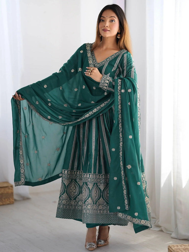 Beautiful Green Thread Work Georgette Festive Wear Anarkali Suit