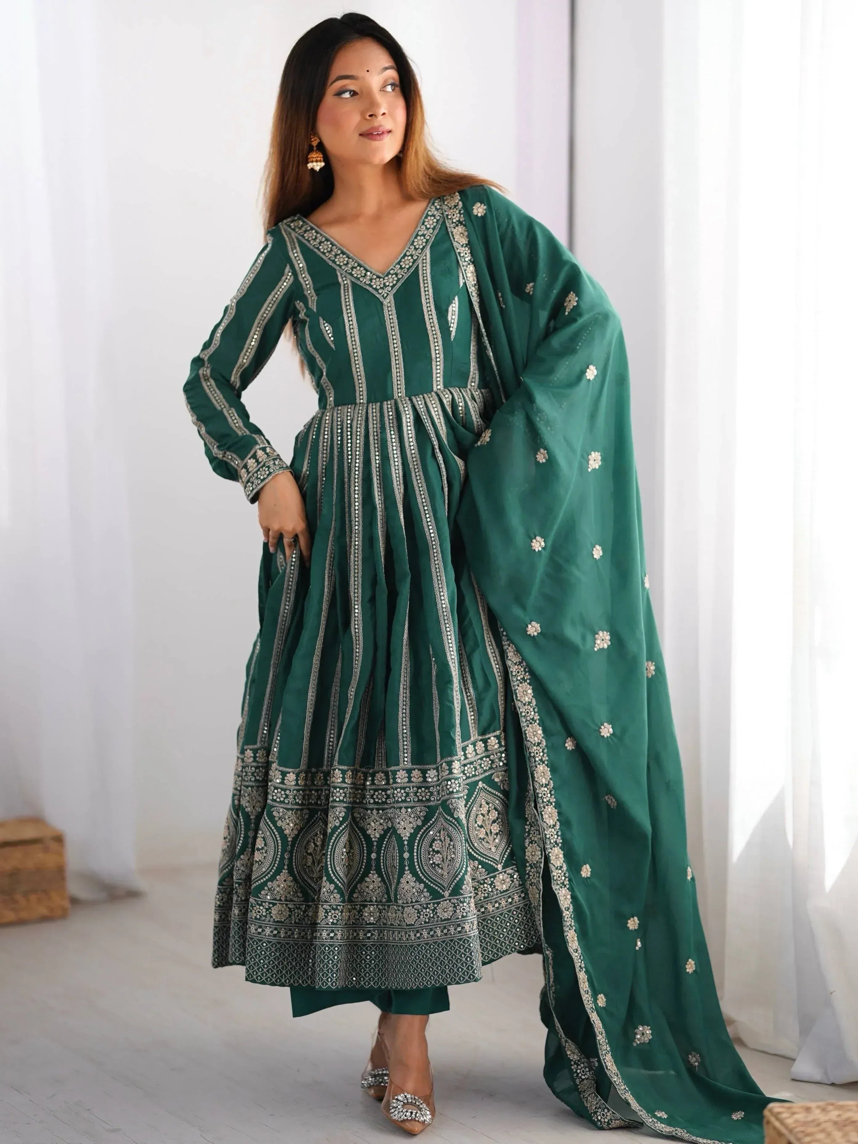 Emerald green embroidered Anarkali suit with dupatta, Indian ethnic wear for women