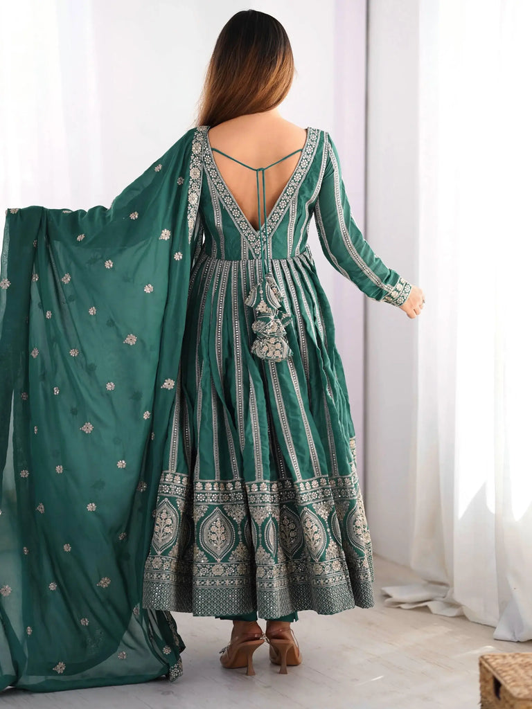 Beautiful Green Thread Work Georgette Festive Wear Anarkali Suit