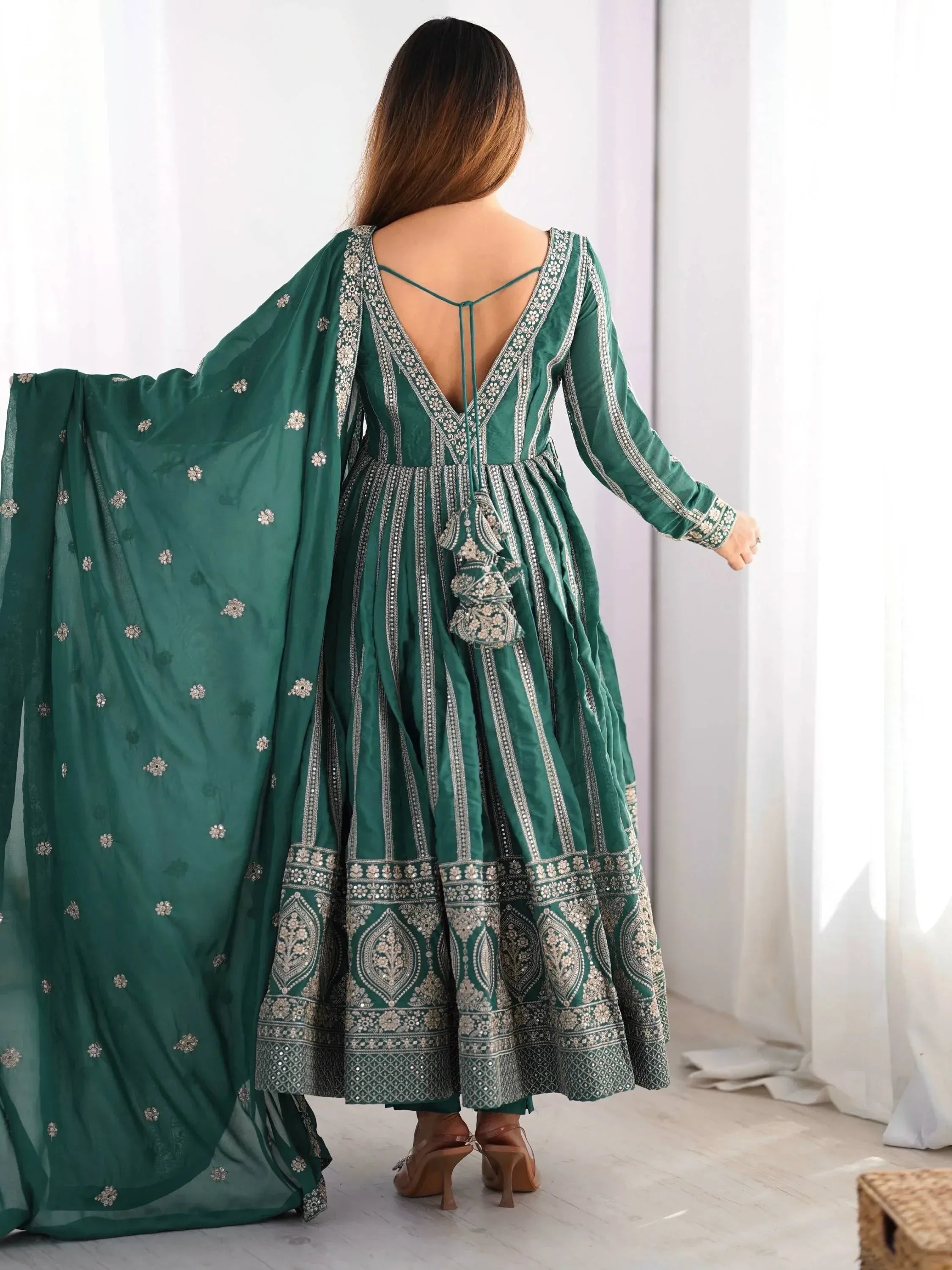 Emerald green embroidered anarkali with backless design and matching dupatta, Indian ethnic wear