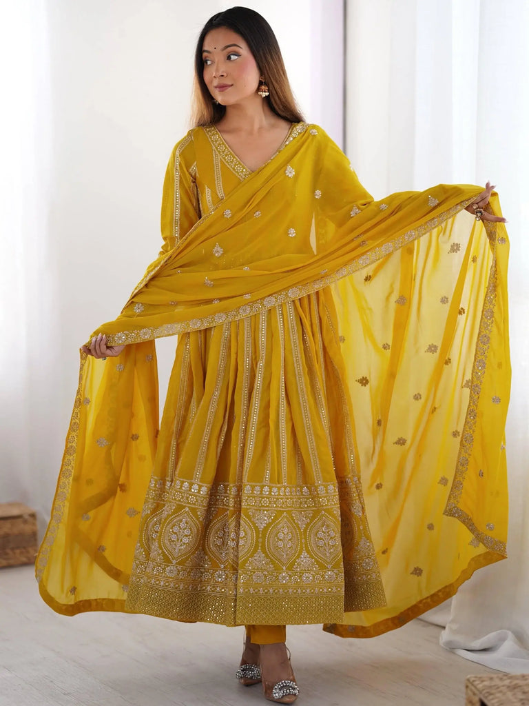 Alluring Yellow Sequins Georgette Haldi Wear Anarkali Suit With Dupatta