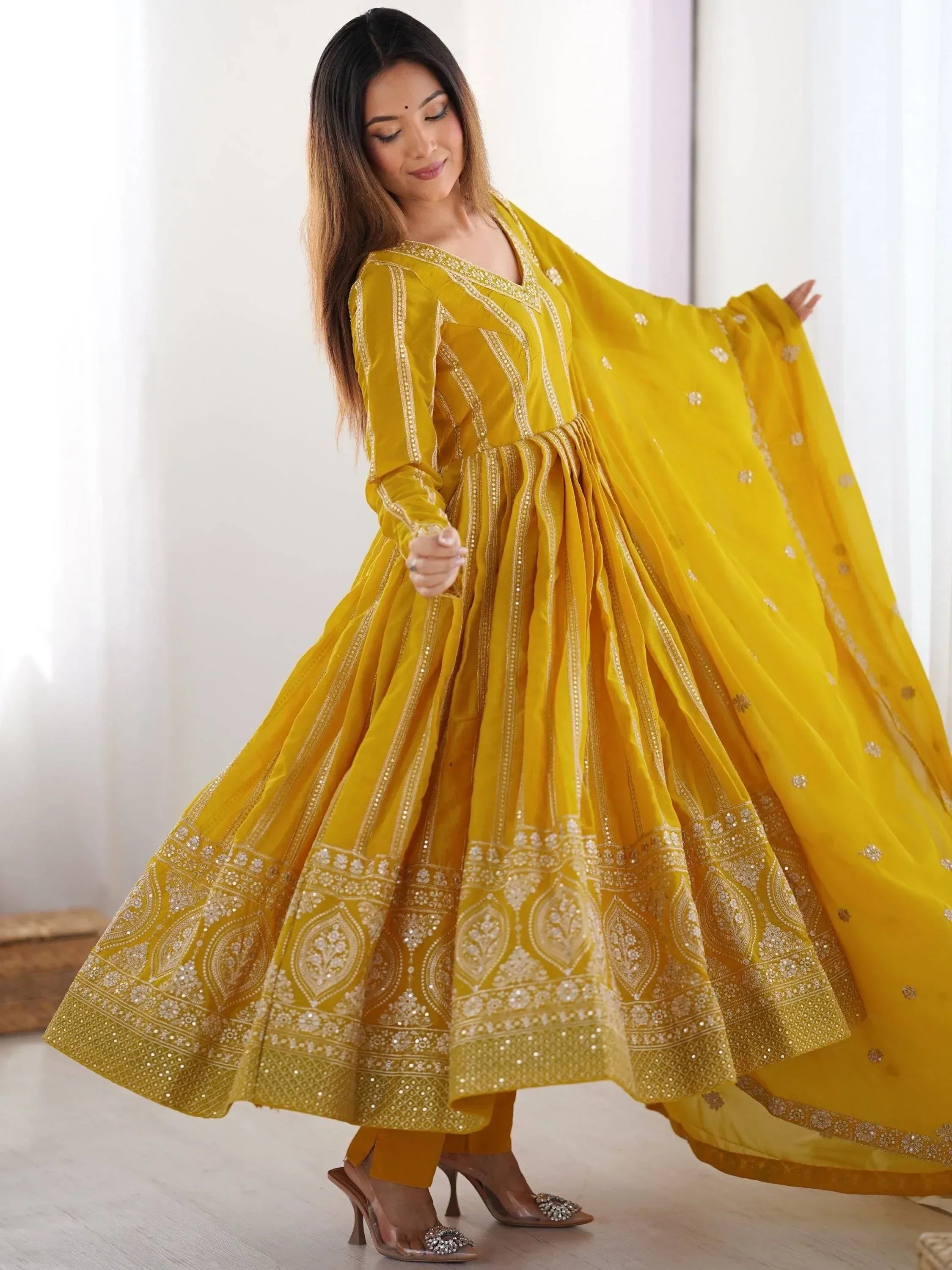 Yellow embroidered anarkali suit with dupatta, Indian ethnic wear for women