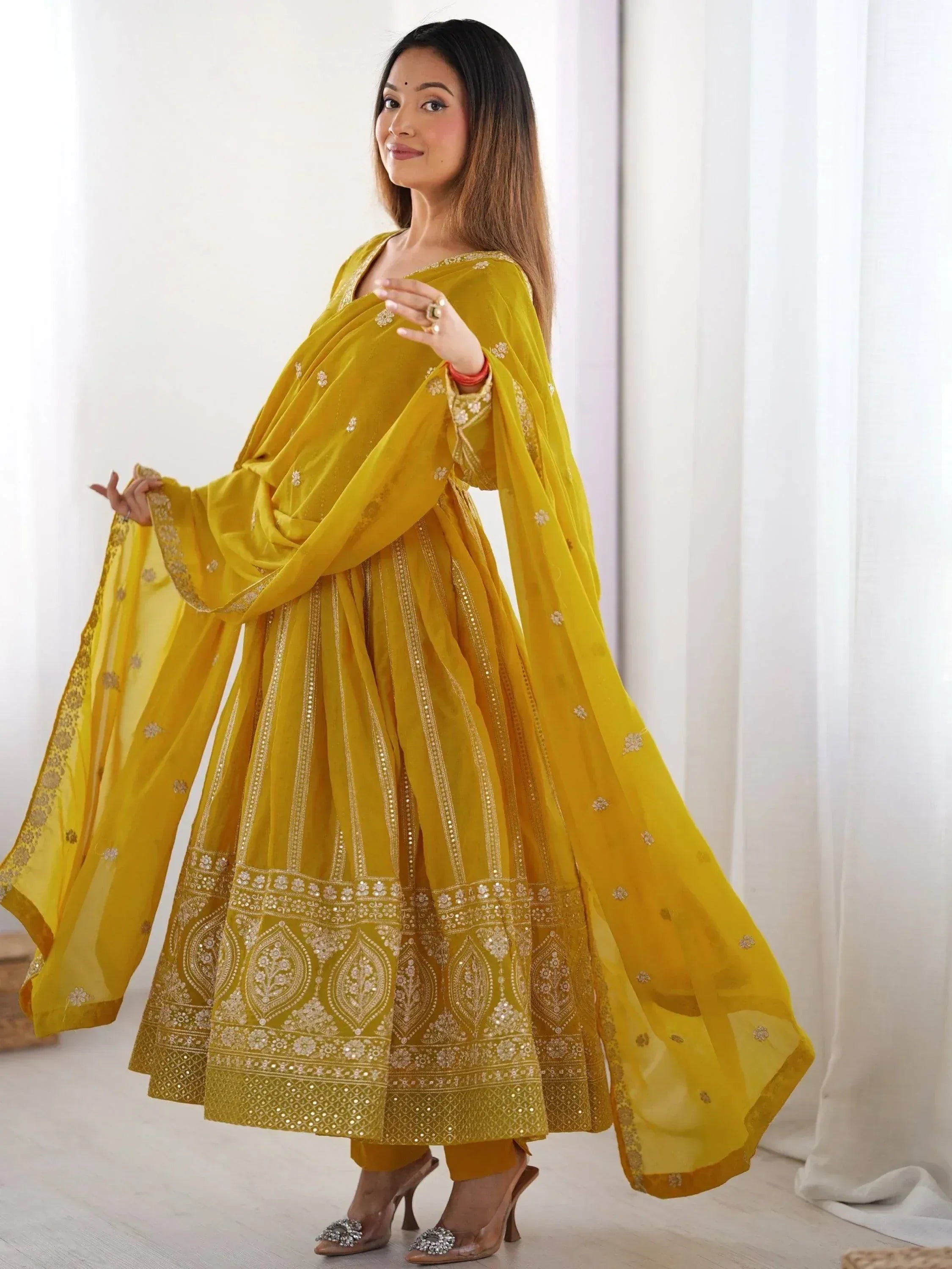 Yellow embroidered anarkali suit with dupatta, Indian ethnic wear for women