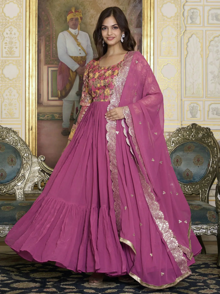 Dazzling Pink Color Zari Weaving Georgette Function Wear Gown