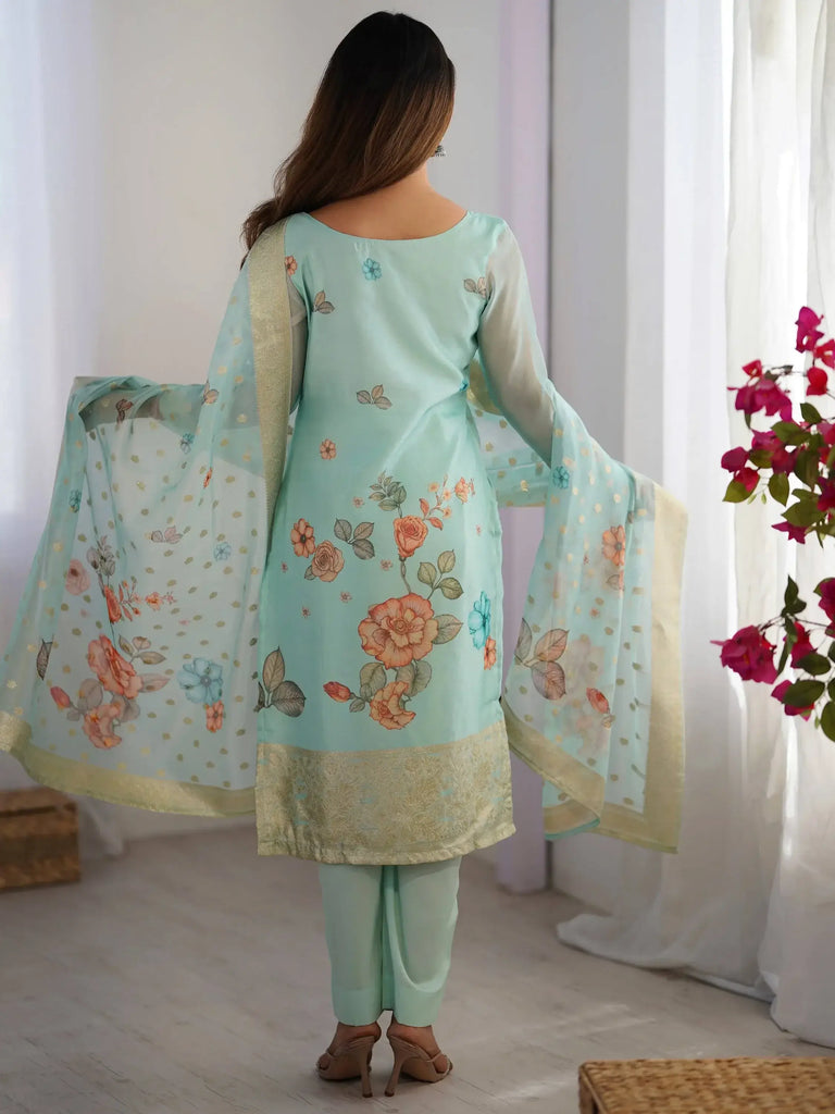 Impressive Sky-Blue Zari Weaving Chanderi Silk Festive Wear Pant Suit