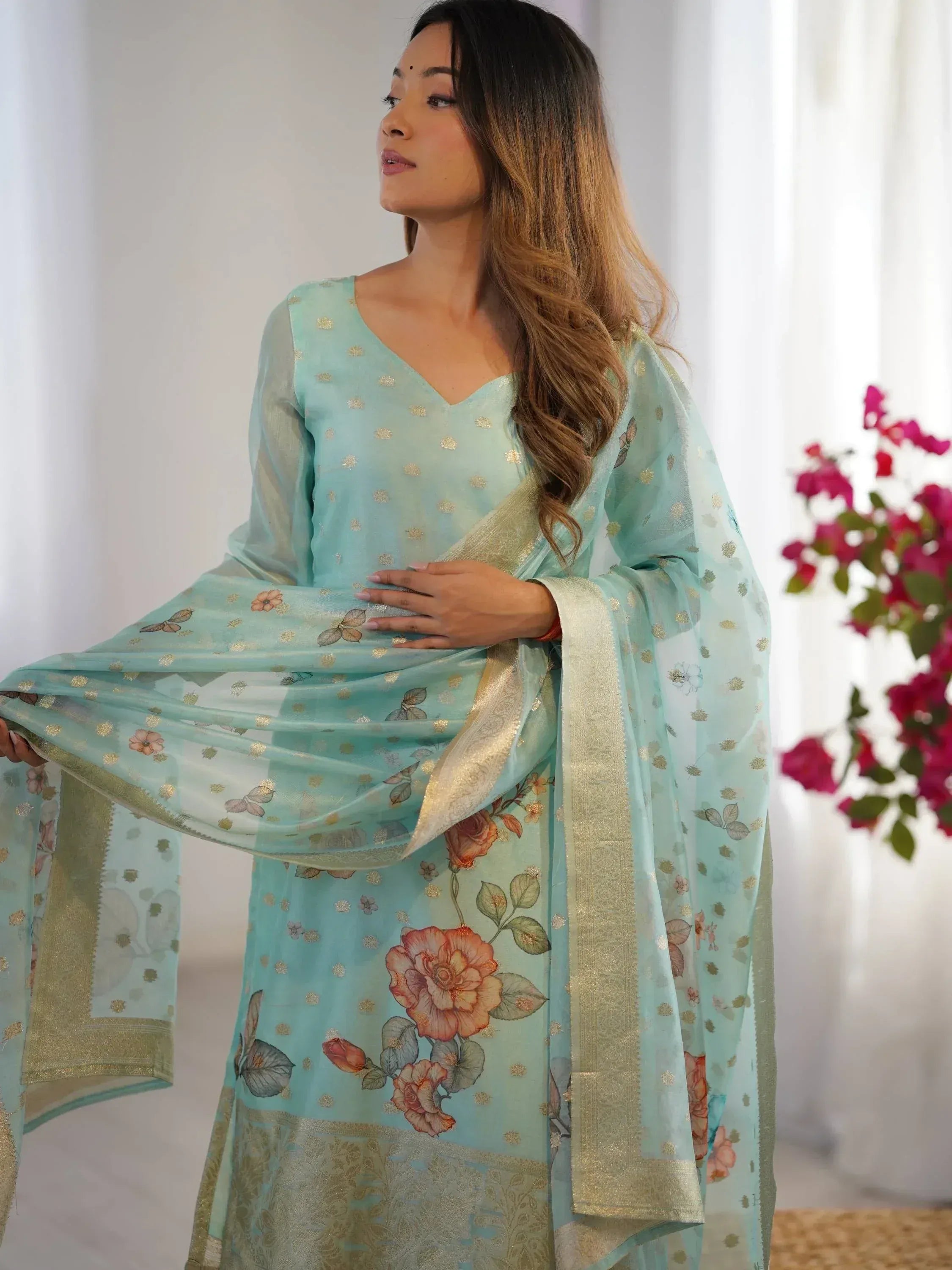 Mint green floral printed salwar kameez with gold embroidery and dupatta, ethnic Indian wear