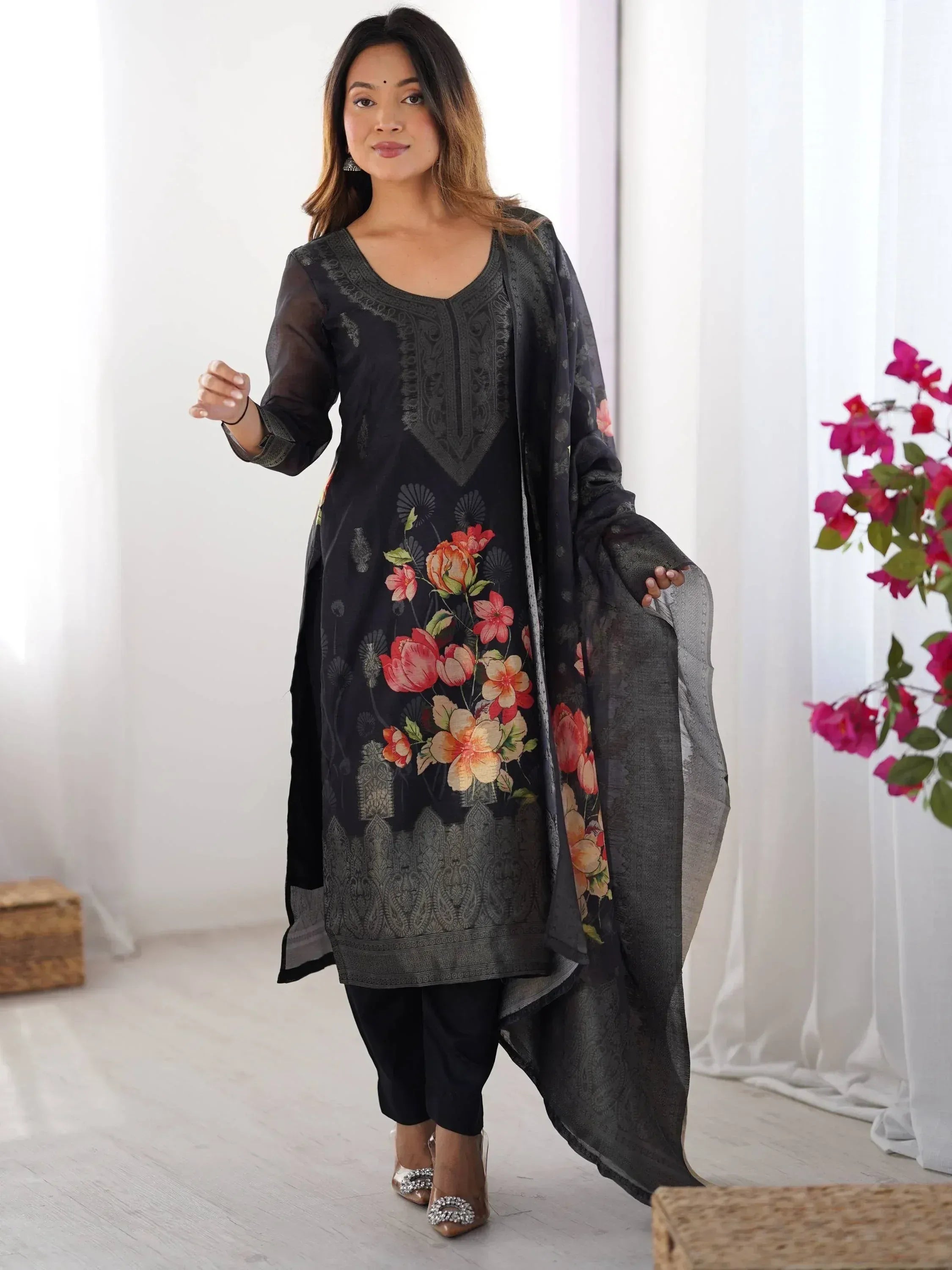 Black floral printed salwar kameez with embroidered dupatta, ethnic Indian wear for women