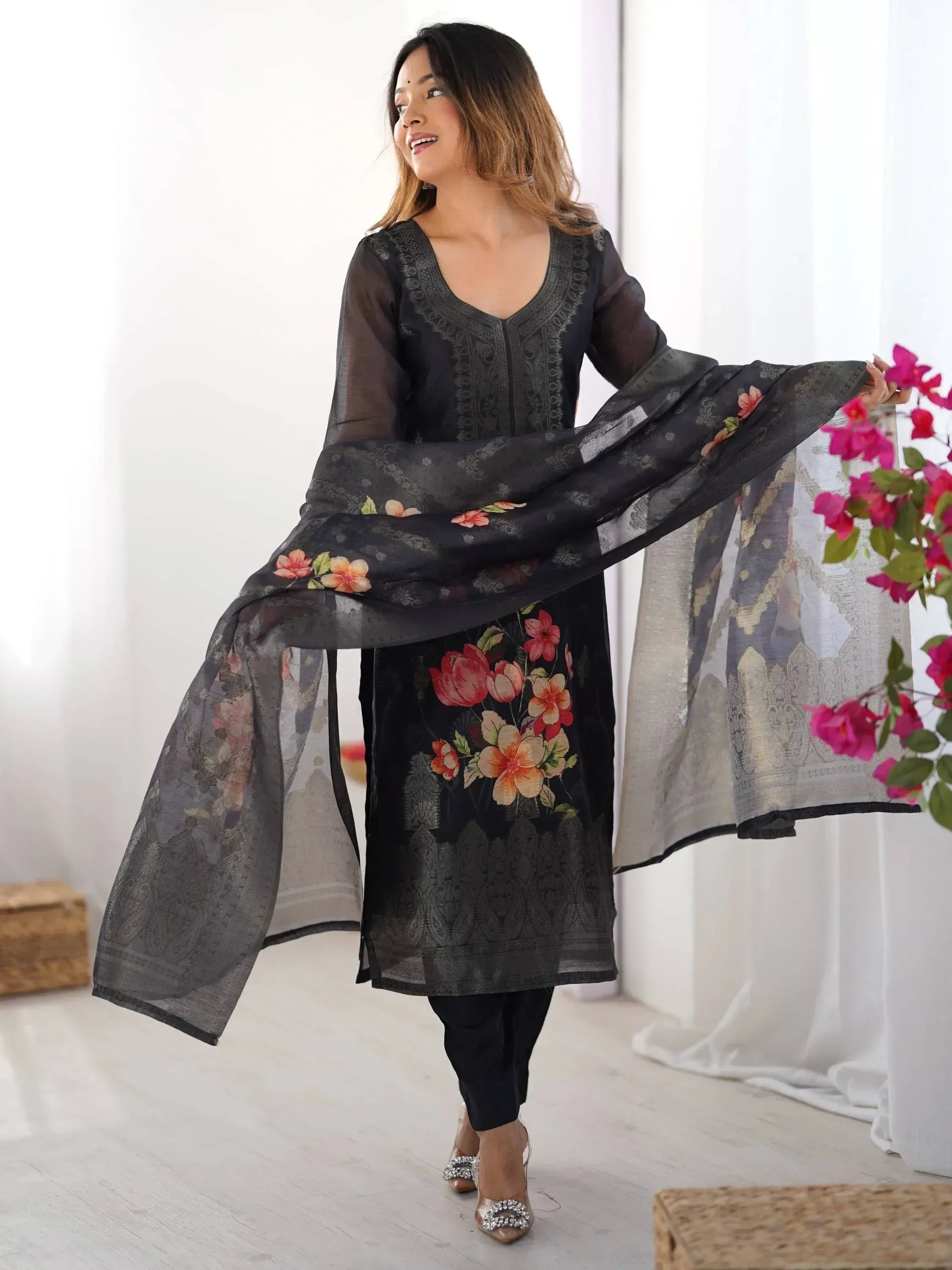 Black floral print salwar kameez with sheer dupatta, ethnic Indian wear for women