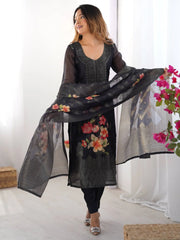 Incredible Black Floral Print Chanderi Silk Pant Suit With Dupatta