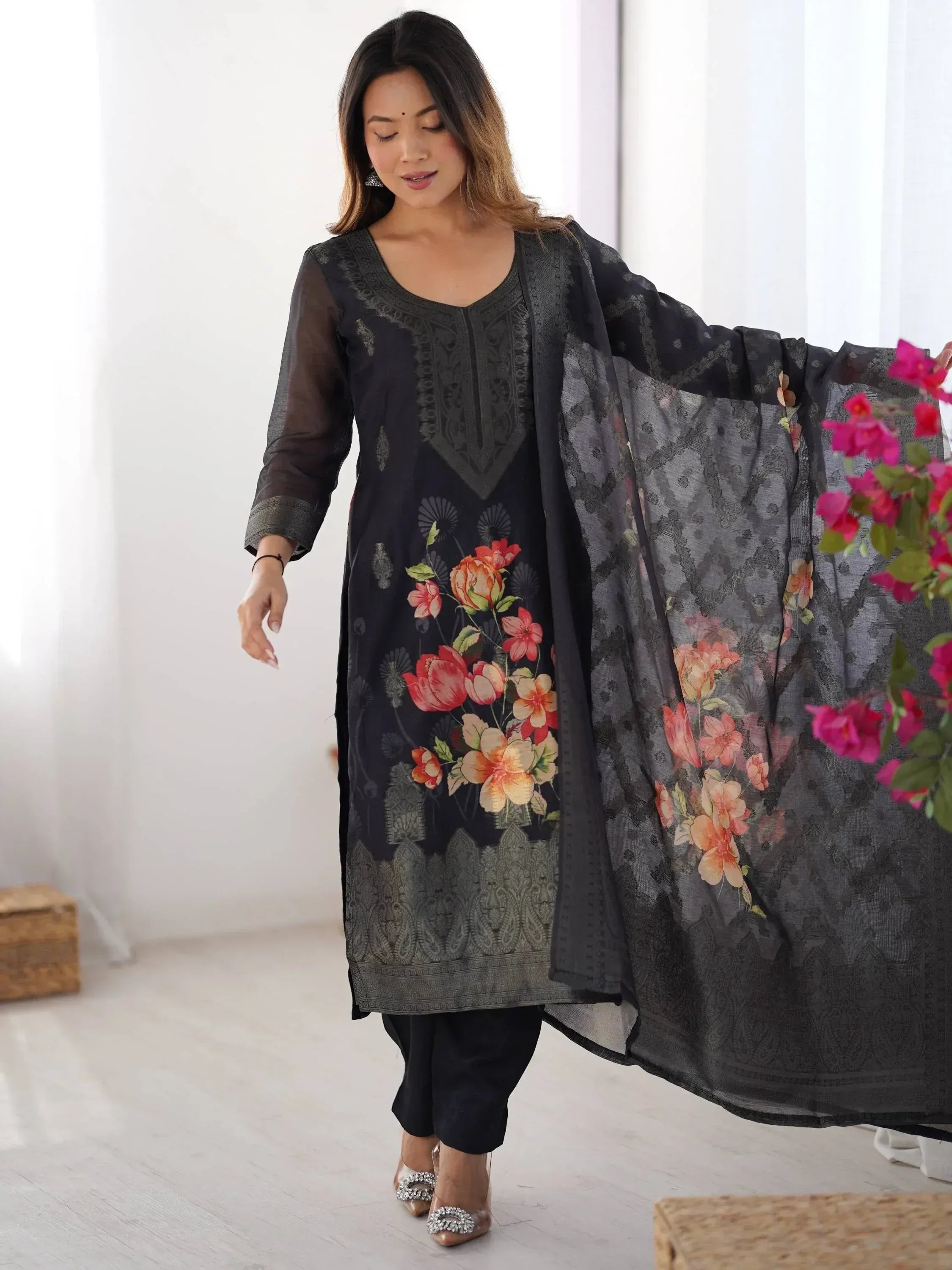 Black floral print salwar kameez with sheer dupatta, ethnic Indian wear for women