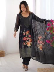 Incredible Black Floral Print Chanderi Silk Pant Suit With Dupatta