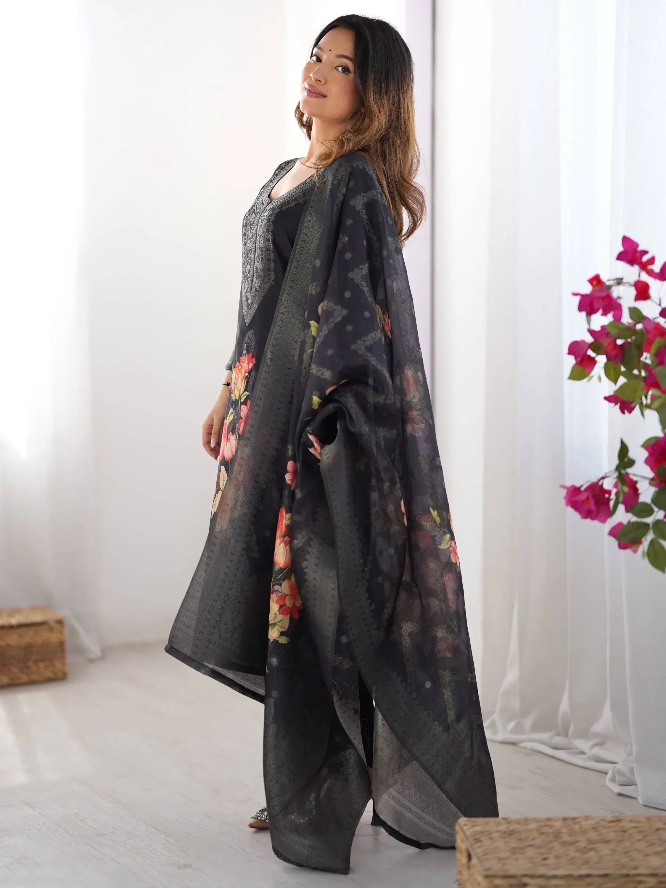 Black floral print ethnic gown with matching dupatta, stylish Indian wear for women