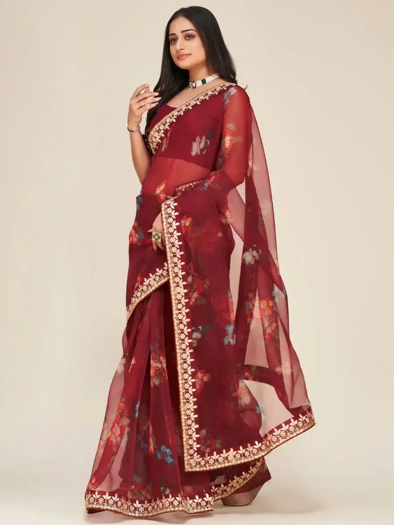 Fascinating Maroon Floral Printed Organza Festival Wear Saree