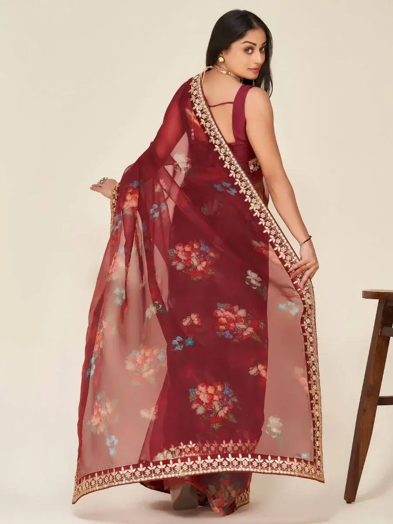 Fascinating Maroon Floral Printed Organza Festival Wear Saree