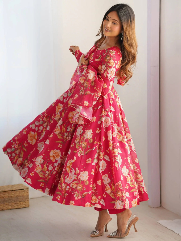 Stunning Pink Floral Printed Organza Festive Wear Anarkali Suit