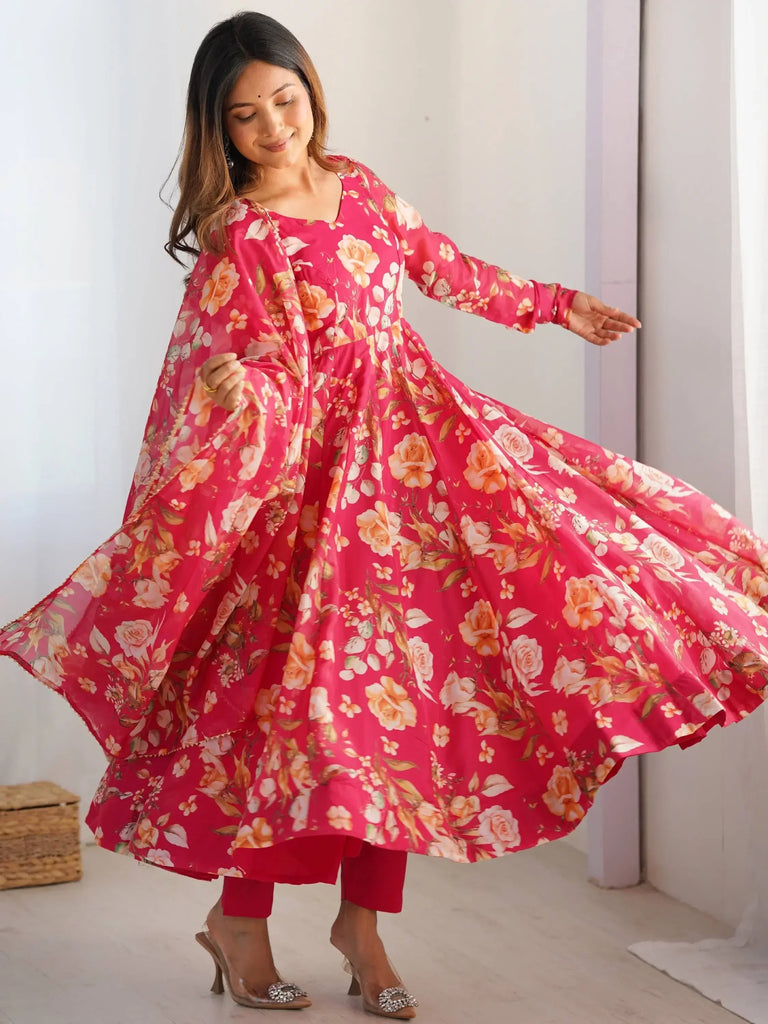 Stunning Pink Floral Printed Organza Festive Wear Anarkali Suit