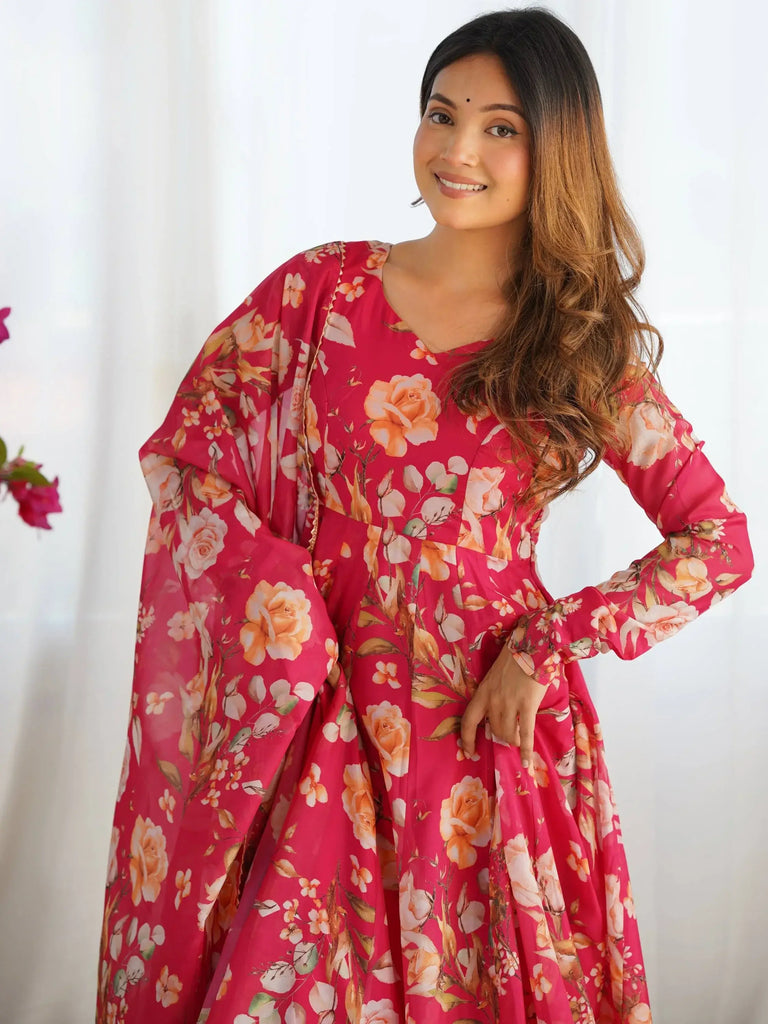 Stunning Pink Floral Printed Organza Festive Wear Anarkali Suit