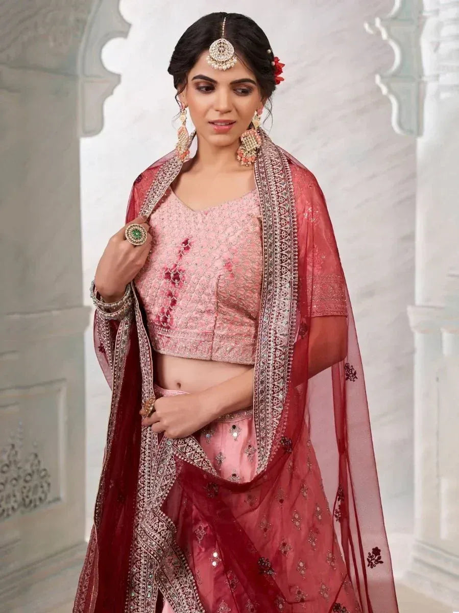 Pink embroidered lehenga choli with red dupatta, Indian ethnic wear for weddings and festivals