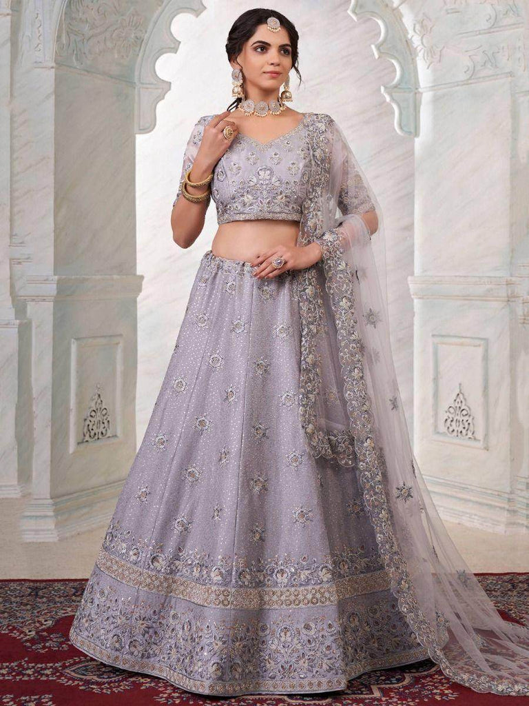 Engaging Grey Sequined Work Art Silk Reception Wear Lehenga Choli