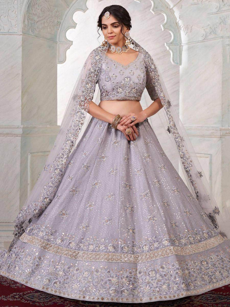 Engaging Grey Sequined Work Art Silk Reception Wear Lehenga Choli