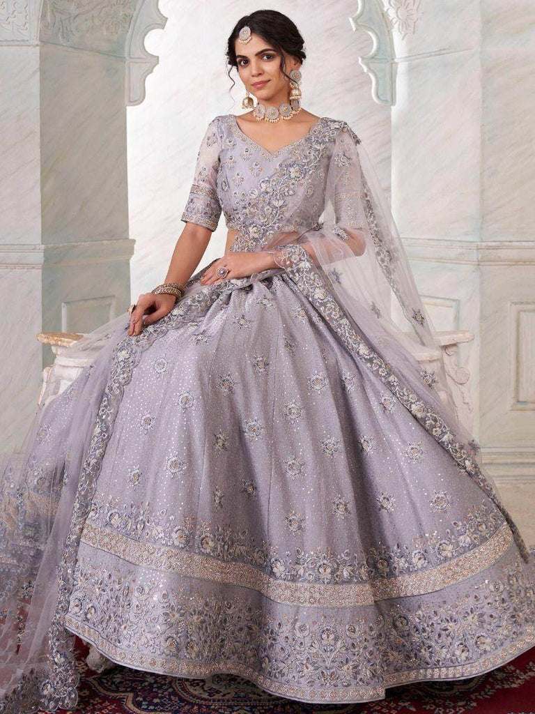 Engaging Grey Sequined Work Art Silk Reception Wear Lehenga Choli