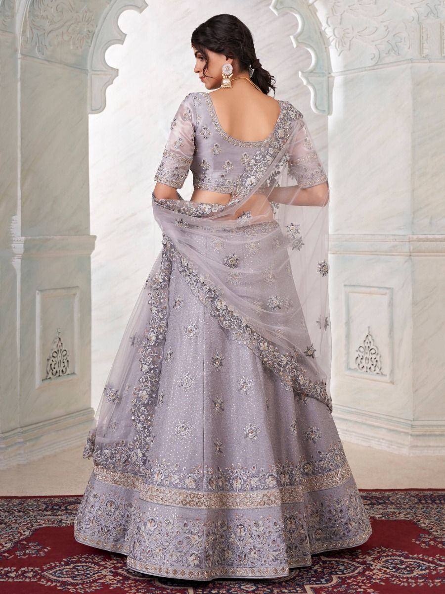 Elegant grey lehenga choli with intricate embroidery, perfect for Indian ethnic wear occasions