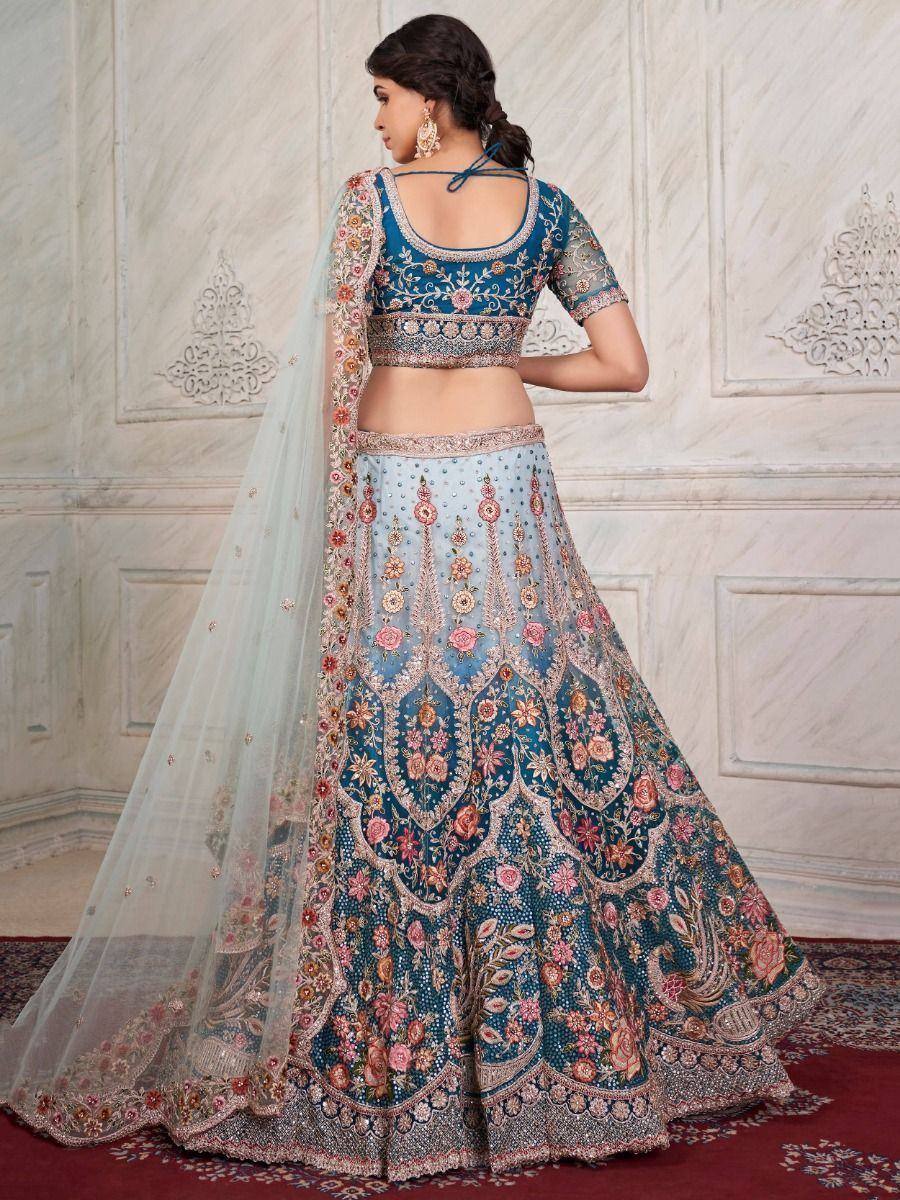 Blue floral embroidered lehenga choli with sheer dupatta, Indian ethnic wear for weddings