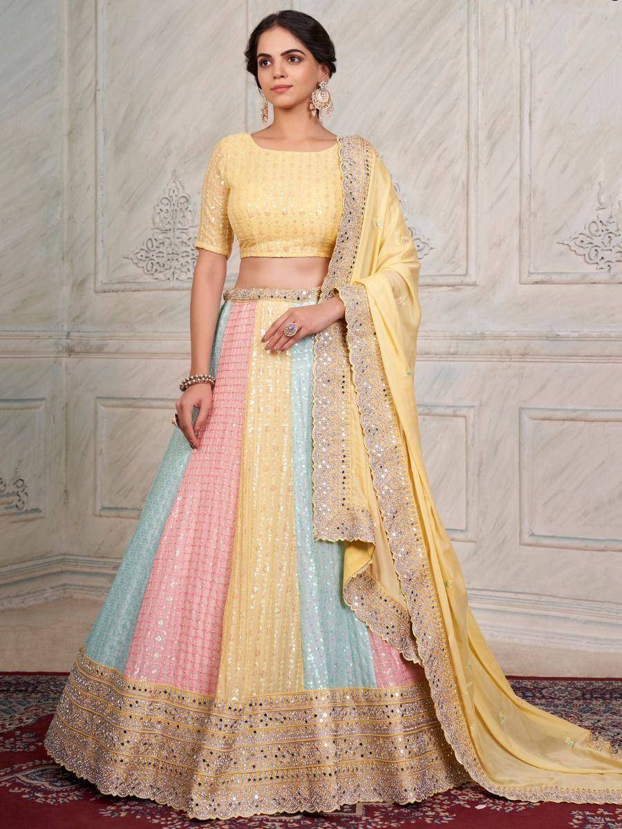 Yellow crop top with pastel panel lehenga and sequin dupatta, Indian ethnic wear